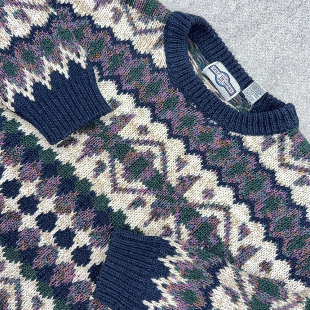 Vintage Grandpa Sweater Men Large Blue Geometric Heavy Knit Crewneck Cotton 90s